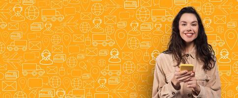 A buyer is smiling while holding a smartphone, actively using an online shopping app. The bright background features various delivery and commerce-related graphics. photo