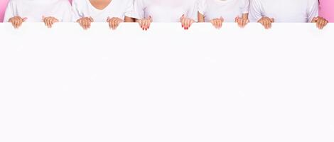 Unrecognizable Ladies Holding Blank White Poster Board Advertising Something Over Pink Studio Background. Advertisement Banner With Empty Space For Your Text. Panorama, Cropped, Mockup photo