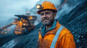 A miner wearing an orange safety suit and helmet stands confidently at a coal mining location. Heavy excavation equipment is working in the backdrop, highlighting energy extraction efforts. photo