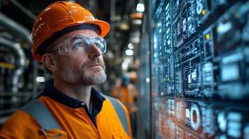 An engineer in safety gear studies a digital display showing metrics related to mining, excavation, and energy generation in a powerplant environment. photo