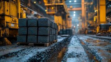 Inside a large industrial site, heavy machinery looms with stacked blocks of material on pallets. The environment is focused on extraction processes for energy and infrastructure development. photo