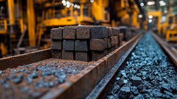 Stacks of heavy materials lie on metal tracks, highlighting the intricacies of mining operations in energy generation and infrastructure development at a powerplant site. photo