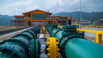 Pipelines are connected to a modern powerplant surrounded by mountains, showcasing infrastructure for energy generation and extraction in an industrial setting. photo