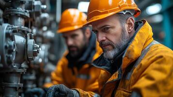 Workers in orange safety gear meticulously inspect and operate machinery at a power plant. Their focus ensures the smooth functioning of energy generation and extraction processes. photo