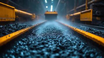 Coal extraction is in progress within an underground mining site, highlighting the specialized machinery transporting coal along yellow rail tracks amidst mist and low light conditions. photo