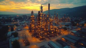 As dusk falls, a powerplant is aglow with lights from its infrastructure, highlighting the intricate networks of energy generation and mining operations in a bustling industrial area. photo