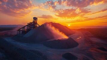 Heavy machinery operates at a mining site during sunset, extracting materials and shaping the landscape. Dust and steam rise as day transitions into night, showcasing industrial activity. photo