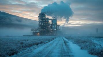 Cold morning atmosphere surrounds a powerplant under construction, with smoke rising from its chimneys as it contributes to energy generation and infrastructure development. photo