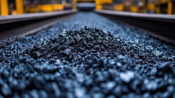 A large pile of coal sits alongside railway tracks in a mining facility, ready for transportation to support energy generation and related infrastructure. The environment is industrial and active. photo