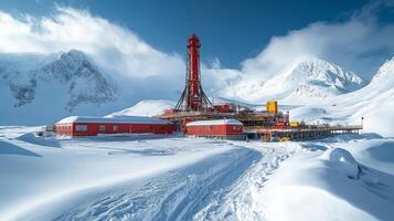 A remote mining site surrounded by snow capped mountains features extraction equipment and power generation structures under a clear blue sky. photo