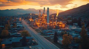 An expansive mining and power generation facility is brightly lit at dusk, surrounded by residential buildings and mountains in the background, showcasing energy production in action. photo