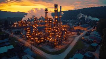 A busy energy generation facility features towering structures illuminated against the dusk sky. Steam rises from various units, showcasing the intricate systems of power production. photo