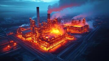 Melting metal and intense flames illuminate a complex facility involved in energy generation and metallurgical processes under a dark sky, showcasing the scale of industrial power operations. photo