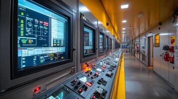 Monitors display data and control systems in a power plant control room, highlighting activities related to energy generation and grid management during operational hours. photo