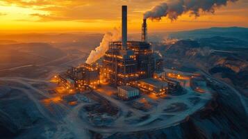 A vibrant sunset illuminates a powerplant surrounded by mining activities. Smoke rises from chimneys as energy generation continues, showcasing infrastructure development and excavation efforts. photo