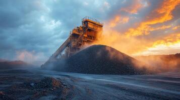 Heavy machinery works at a mining site as vibrant clouds and a sunset illuminate the landscape, showcasing the extraction of resources for energy production. photo
