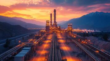 A vibrant sunset illuminates a large powerplant surrounded by extensive pipelines in a mountainous area, showcasing the activities of energy generation and mining infrastructure. photo