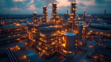 An expansive industrial site is illuminated as dusk falls, showcasing complex machinery and structures involved in energy generation and extraction processes. photo