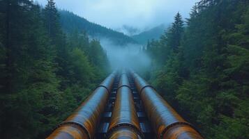 Pipelines stretch through a lush forest, transporting energy in an atmospheric setting where mist envelops the mountains, highlighting the connection between nature and infrastructure. photo