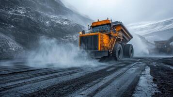 A large yellow mining truck maneuvers through a rugged terrain in a chilly mountainous region, extracting valuable minerals while clouds of dust and steam envelop the area. photo