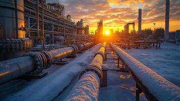 Pipelines are topped with snow as the sun rises over a mining and energy facility. Industrial structures generate power, showcasing the active extraction and metallurgy processes. photo