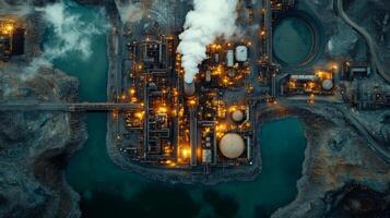 Aerial perspective of an energy generation site with intricate infrastructure featuring steam emissions, mining equipment, and surrounding water bodies during dusk light conditions. photo