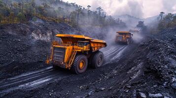 Two large mining trucks navigate a dusty path in an open pit coal mine while extracting valuable resources for energy generation in a rugged, mountainous landscape. photo