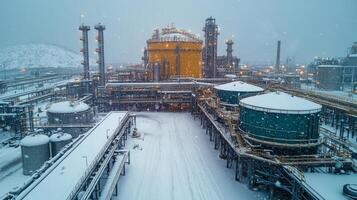 Heavy snowfall covers a mining and power generation facility. Workers are busy with excavation and metallurgy while equipment operates amidst a winter landscape. photo