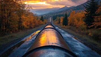 Long pipelines run along a muddy road surrounded by vibrant autumn trees and distant mountains, illuminated by a golden sunset over the landscape. photo