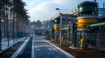 Extraction equipment and pipelines are visible alongside a pathway in a forested area, designed for energy generation and management in cold weather conditions. photo