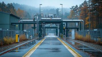 Heavy machinery and pipelines support energy generation in a mining area amidst the rain, showcasing modern infrastructure blending with natural surroundings. photo