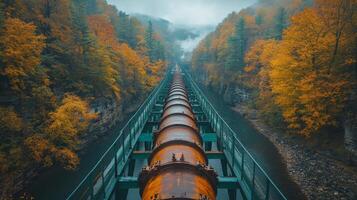 A long pipeline crosses a picturesque valley, flanked by trees adorned in fall colors. Mist rises from the river below, creating a serene atmosphere. photo