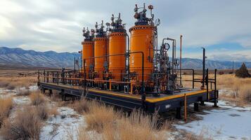 A set of large orange extraction tanks stands on a platform in a desolate landscape, amidst dry grasses and snow, with mountains in the background under partly cloudy skies. photo