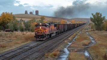 Coal filled freight train travels along railway tracks in a mining area, surrounded by autumn colors and distant extraction infrastructure under a cloudy sky. photo