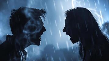 This Two individuals are caught in a heated argument under heavy rain, expressing strong emotions. photo