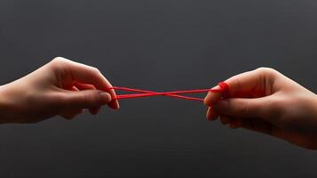 This Two hands grasp a red string, illustrating tension and the potential for reconciliation. photo