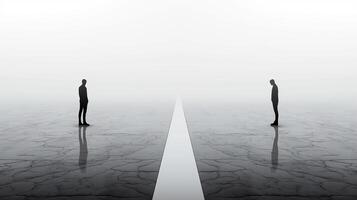 This Two silhouetted figures face away from each other, separated by a stark line in a foggy setting. photo