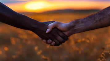 This Two hands unite during sunset, representing a moment of peace after disagreement and tension. photo