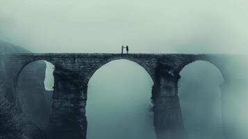 This Two figures on a foggy stone bridge embody tension and potential reconciliation. photo