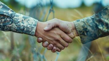 This Two soldiers shake hands near a barbed wire fence, highlighting efforts for peace and understanding. photo