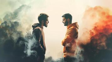This Two individuals face each other, embodying conflict and tension in a charged atmosphere. photo