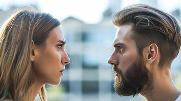 This Two people confront each other, displaying intense emotions of conflict and potential peace. photo