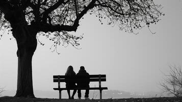 This Two people sit on a bench, under a tree, reflecting on their relationship's tensions. photo