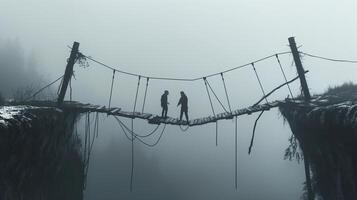 This Two figures stand on a fragile bridge shrouded in fog, symbolizing tension and misunderstanding. photo