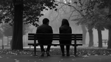 This Two figures on a bench, surrounded by fog and leaves, face away, creating tension. photo