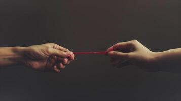 This Two hands clutch a red string, depicting tension, conflict, and the possibility of understanding. photo
