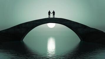 This Two individuals hold hands on a bridge, overlooking calm waters as the sun sets, representing unity. photo