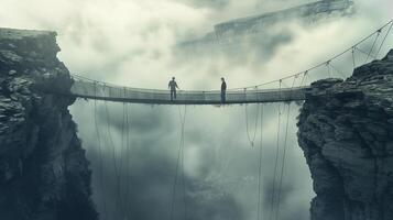 This Two people on a fragile bridge over a ravine symbolize conflict and hope for reconciliation. photo