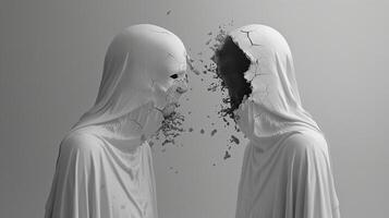 This Two hooded figures confront each other, symbolizing conflict yet hinting at reconciliation. photo