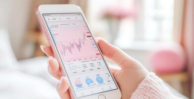 A person is using a smartphone to check their banking transaction details, observing a detailed financial statement and graphical data in a cozy indoor setting with soft lighting. photo